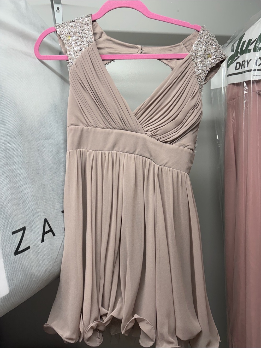 Lipsy Beaded-Cap Sleeve V-Neck Mini Dress in Taupe